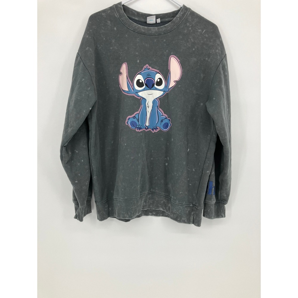 Disney Lilo & Stitch Graphic Sweatshirt Acid Wash Charcoal Grey Pullover Large